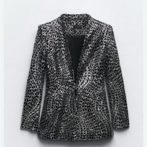Festive Zara Black Silver Sequin Blazer Jacket Size L